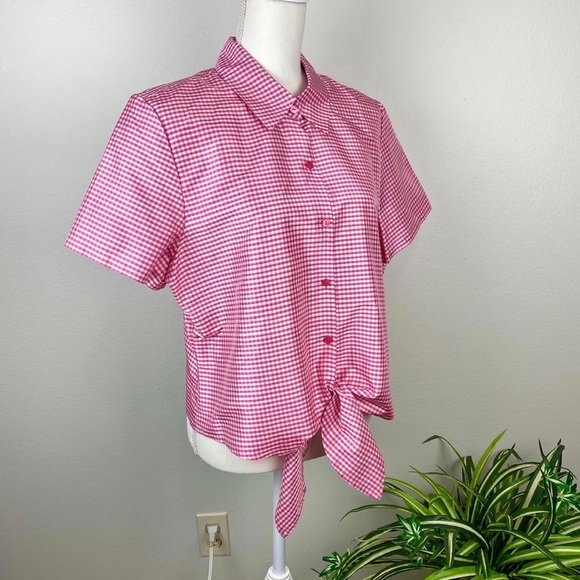 Judith Hart, Plus Size 16 Front Tie Button Up 100% Silk Vintage Pink White NWOT - Picture 3 of 9